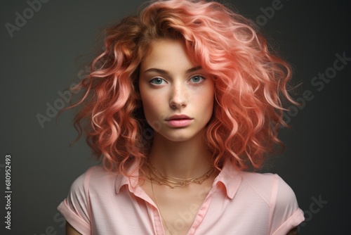 Portrait of attractive young pink hair woman with perfect makeup isolated background