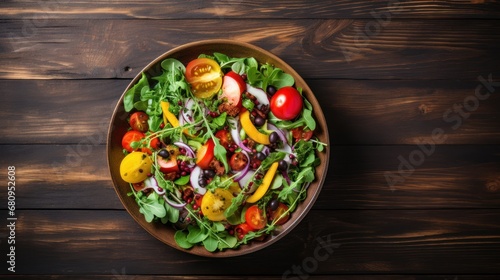 Fresh salad with fruits and greens on vintage wooden background top view  photo
