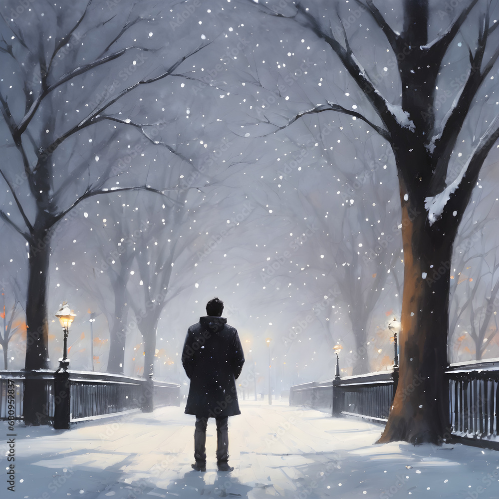 the back of a man standing alone in a snowy park