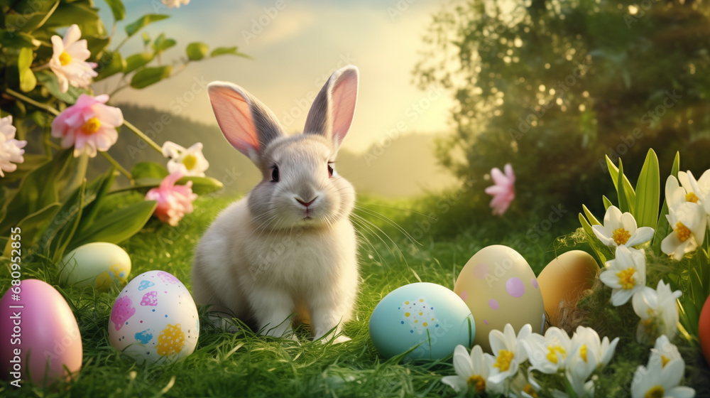 Easter eggs and a bunny on the grass with flowers.