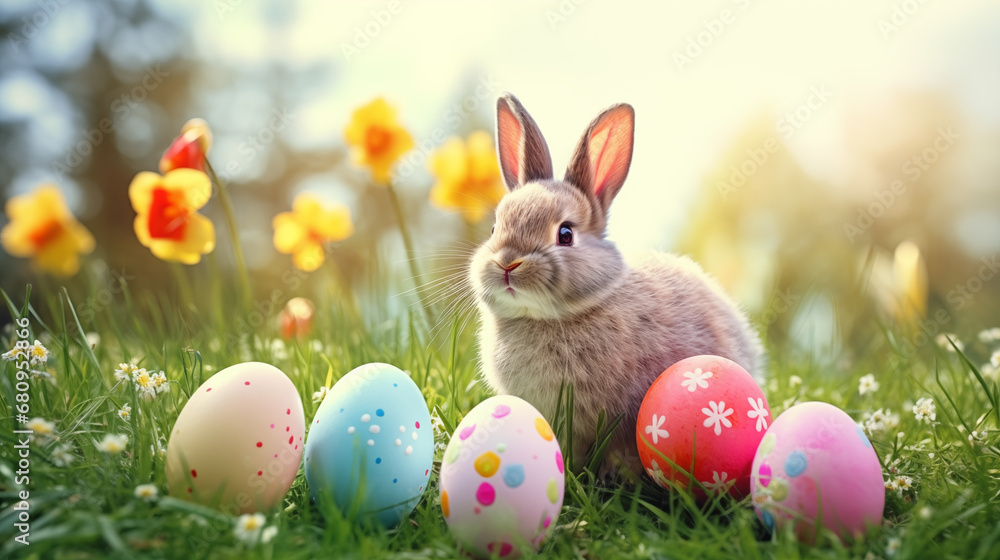 The Easter bunny sits on the grass with flowers. The Easter bunny sits on the grass with flowers.