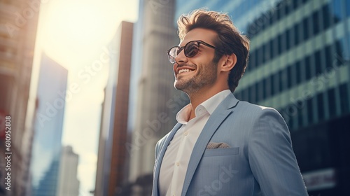 Happy wealthy rich successful caucasian businessman standing in big city modern, looking towards 