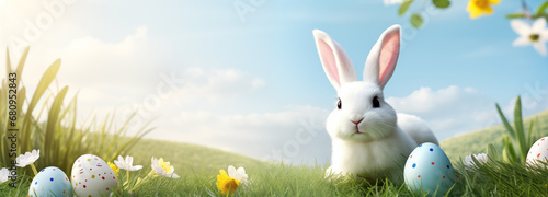 The Easter bunny sits on the grass with flowers.