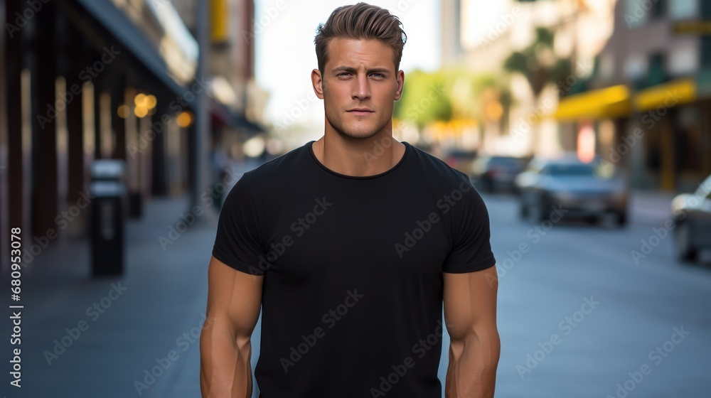Male model in a classic black cotton T-shirt on a city street Male model in a classic black cotton T-shirt on a city street