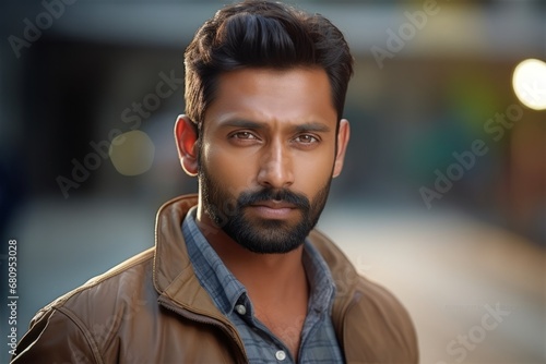 Close up male indian bearded face handsome man with bright brown eyes looking at camera