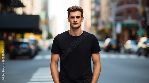 Male model in a classic black cotton T-shirt on a city street  photo