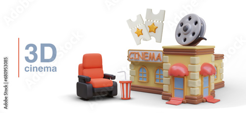 3D cinema. VIP tickets with gold stars. Creative concept of comfortable watching of modern films. Vector illustration in cartoon style. Place for advertising text, dates