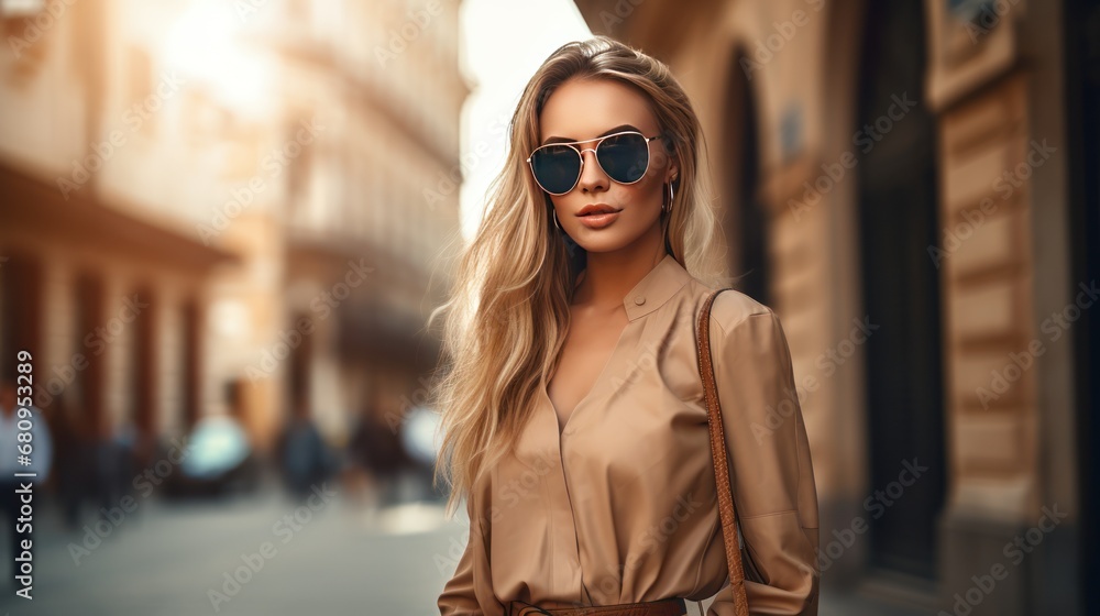 Outdoor autumn portrait of a fashionable elegant young woman wearing sunglasses. Outdoor autumn portrait of a fashionable elegant young woman wearing sunglasses.