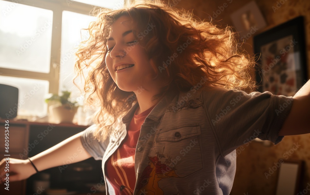 Portrait of a plump 20-year-old teenage girl dancing happily in the bedroom 