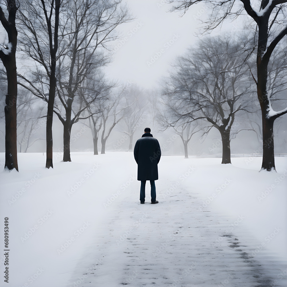 the back of a man standing alone in a snowy park