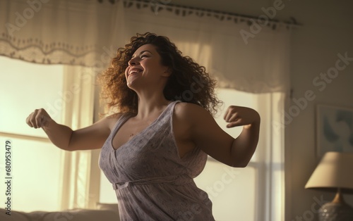 Portrait of a plump 35-year-old middle-aged woman dancing happily in the bedroom 