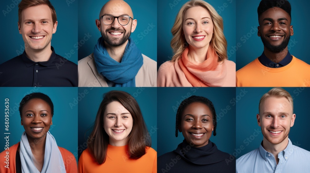 group of smiling people of different nationalities on different colored backgrounds.  - obrazy, fototapety, plakaty 