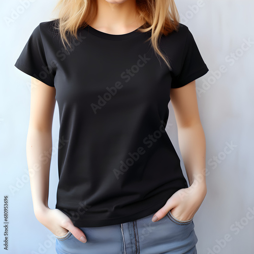 A lady wearing a blank black t-shirt, front view, mockup design, Generative AI