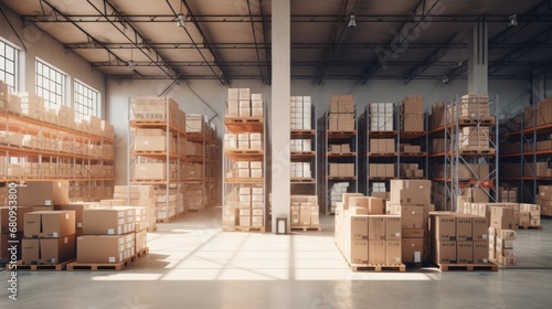 Retail warehouse full of shelves with goods in cartons, 