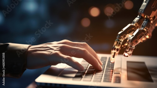 Obraz na płótnie Future robot technology concept,Robot hands point to laptop button advisor chatbot robotic 
