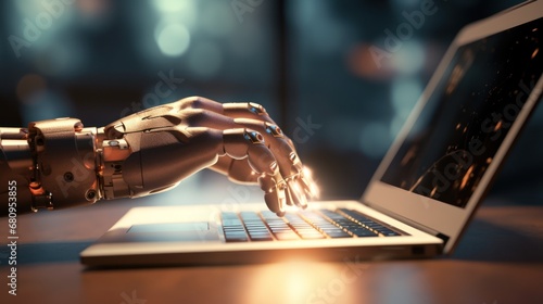 Obraz na płótnie Future robot technology concept,Robot hands point to laptop button advisor chatbot robotic 