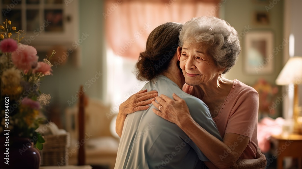 Senior woman, hug or medical caregiver in house living room Senior woman, hug or medical caregiver in house living room