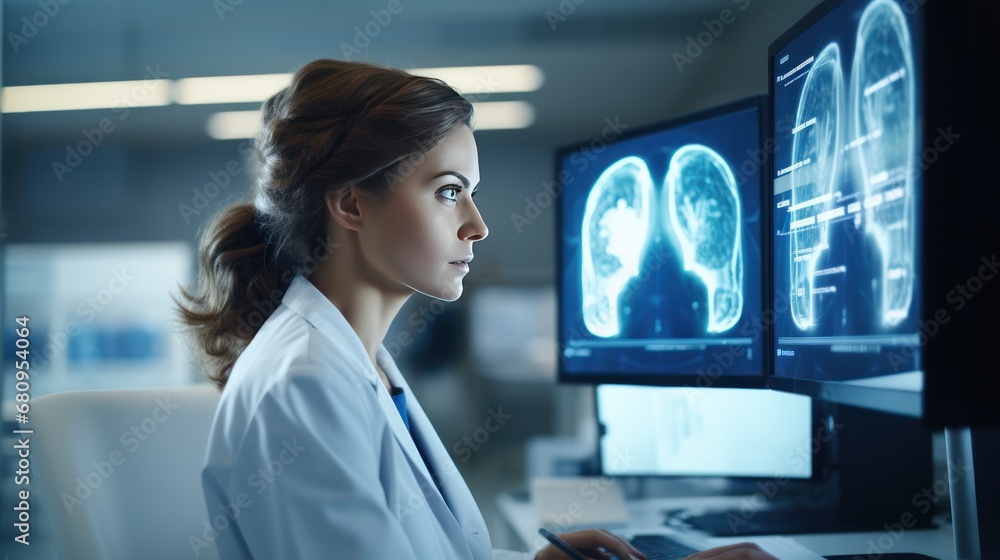 Side View of Portrait of Female Medical Scientist Using Computer with Brain Scan MRI Images, Side View of Portrait of Female Medical Scientist Using Computer with Brain Scan MRI Images,