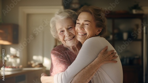 Senior woman, hug or medical caregiver in house living room 