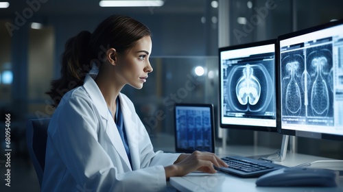 Side View of Portrait of Female Medical Scientist Using Computer with Brain Scan MRI Images  