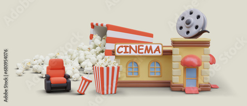 Color vector cinema building, red chair, giant popcorn boxes, drink. Movie night. Commercial online cinema concept. Invitation to premiere. Pleasant entertainment