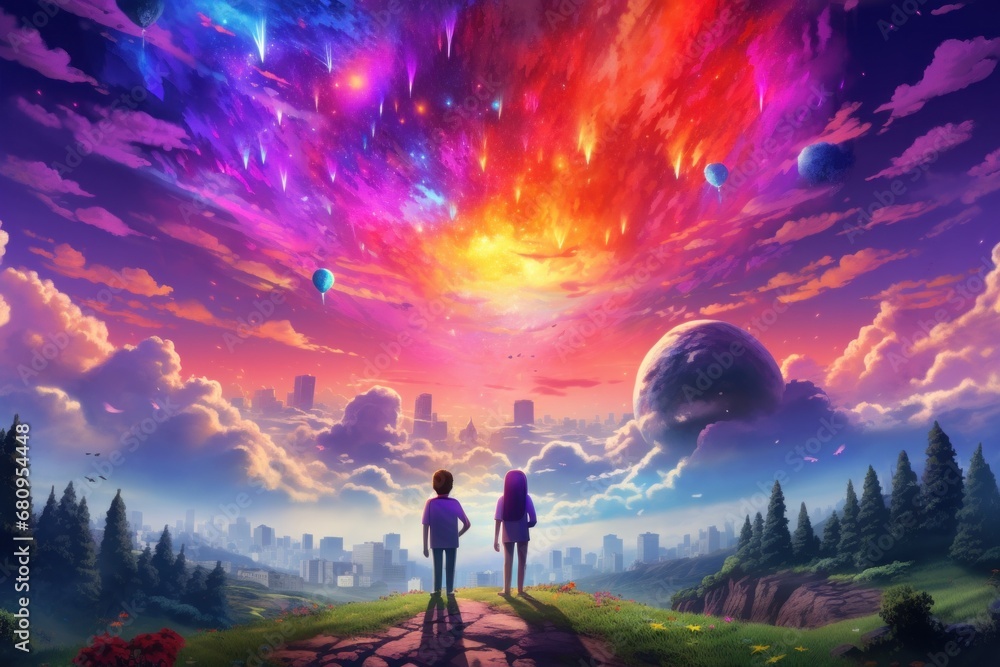 Couple looking at colorful fantasy skyline with planets and balloons. Surreal art and imagination.