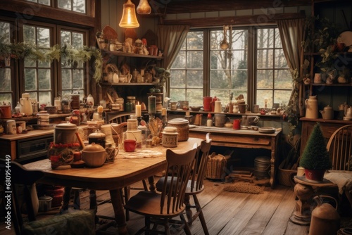 Cozy rustic kitchen interior with vintage decorations and warm lighting. Home comfort and design.
