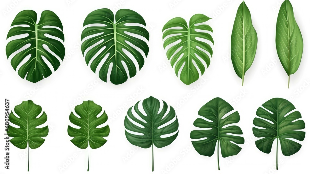 set of green monstera palm and tropical plant leaf isolated on white background for design elements, Flat lay - obrazy, fototapety, plakaty 