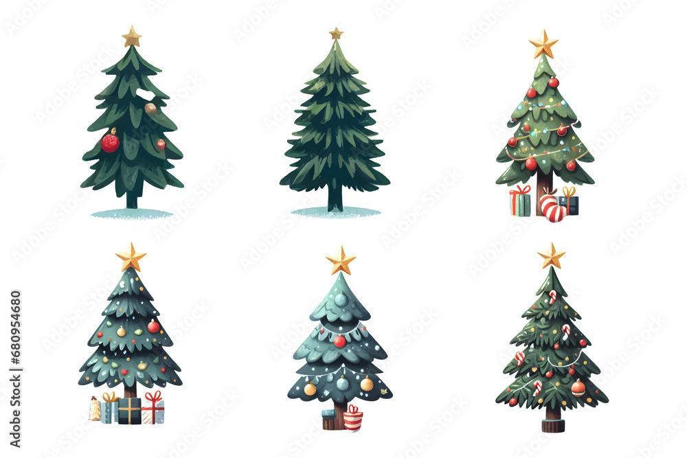 christmas tree with christmas balls. Merry Christmas watercolors christmas tree  on white background