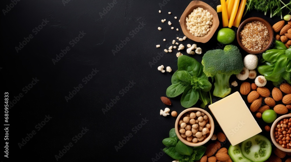 Vegan protein food background of tofu, vegetables, nuts, seeds and legumes top view ,