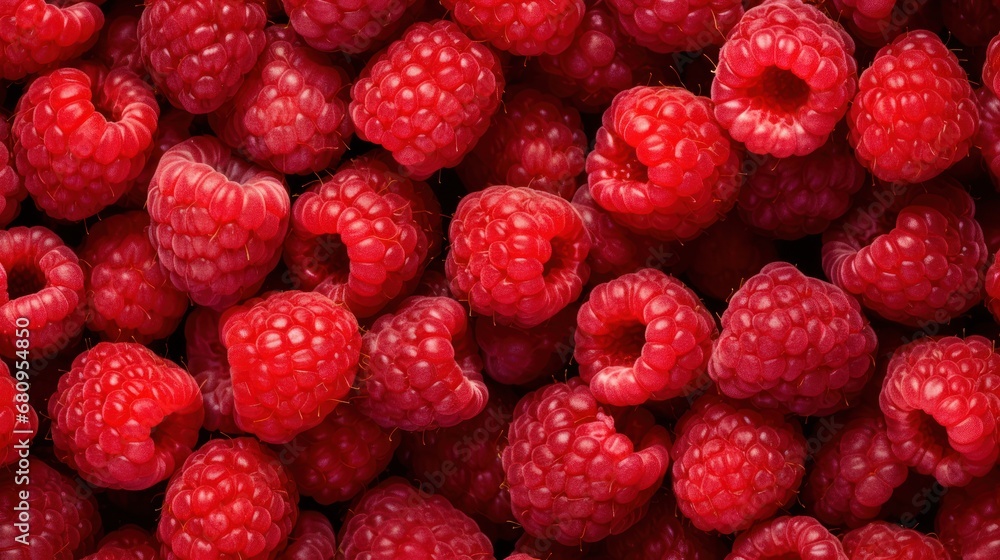 Top view Background of fresh sweet red raspberries ,Strawberry and arranged together, close up Top view Background of fresh sweet red raspberries ,Strawberry and arranged together, close up
