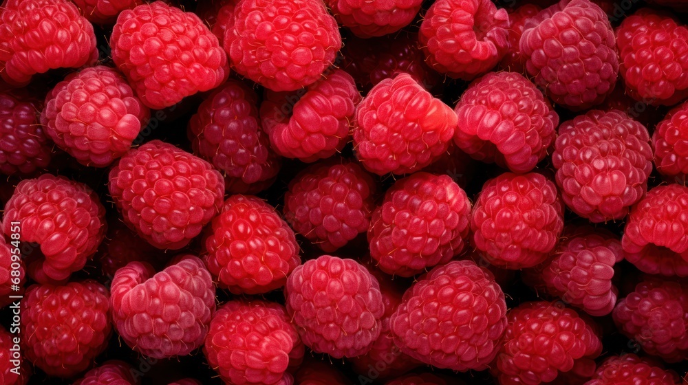 Top view Background of fresh sweet red raspberries ,Strawberry and arranged together, close up Top view Background of fresh sweet red raspberries ,Strawberry and arranged together, close up