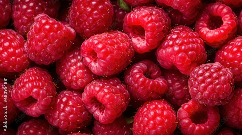 Top view Background of fresh sweet red raspberries ,Strawberry and arranged together, close up Top view Background of fresh sweet red raspberries ,Strawberry and arranged together, close up
