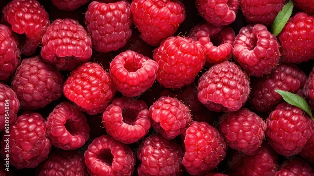 Top view Background of fresh sweet red raspberries ,Strawberry and arranged together, close up Top view Background of fresh sweet red raspberries ,Strawberry and arranged together, close up