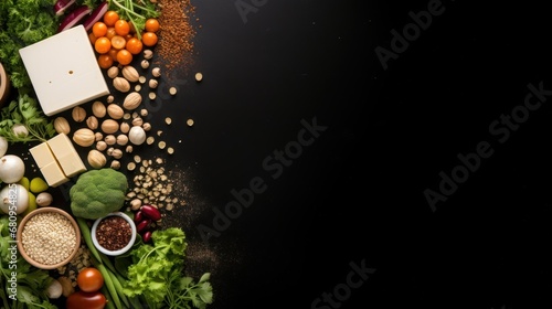 Vegan protein food background of tofu  vegetables  nuts  seeds and legumes top view  