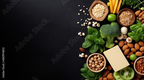 Vegan protein food background of tofu  vegetables  nuts  seeds and legumes top view  