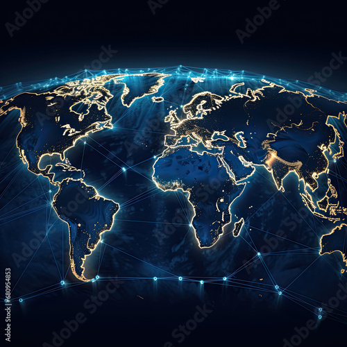 Global communication network around planet Earth in space  worldwide exchange of information by internet and connected satellites for finance  cryptocurrency or IoT technology.