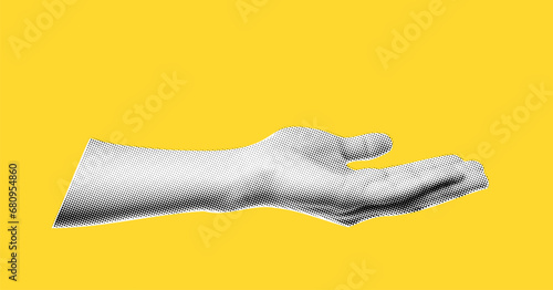 Hand in halftone treatment for collage on yellow background. hand, side view as if holding something, vector trendy illustration in dot like pop art.