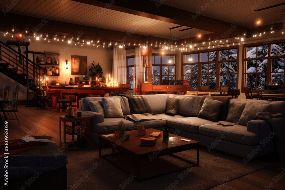 Cozy winter evening in rustic home interior with warm lighting. Seasonal home comfort.