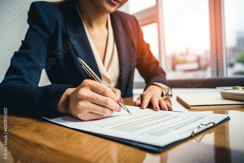 Young business woman or lawyer signing contract, mortgage or investment professional document agreement photo