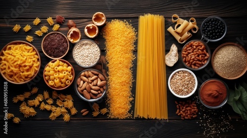 Top view Set of raw cereals, grains, pasta and canned food on the table.  photo