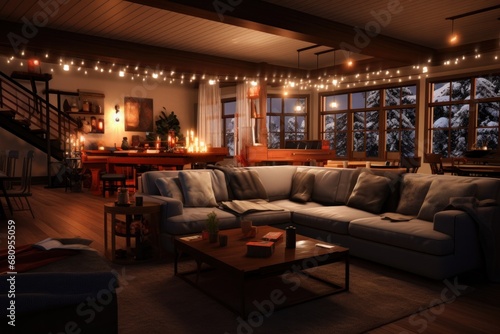 Cozy winter evening in rustic home interior with warm lighting. Seasonal home comfort.