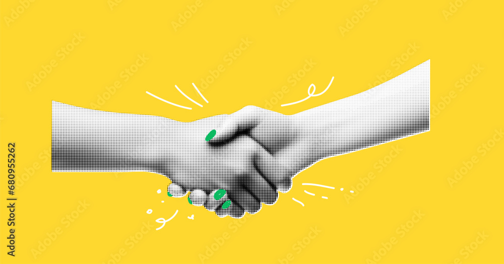 A collage banner with a handshake theme. Women's hands make a deal. Handling halftone effect with doodles on yellow background with hand drawn texture. Vector trendy illustration. - obrazy, fototapety, plakaty 