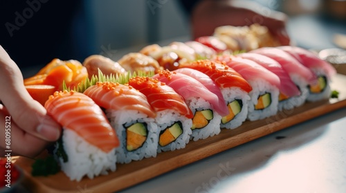  close Up , Authentic Japanese sushi is prepared by an expert chef. Japanese national food