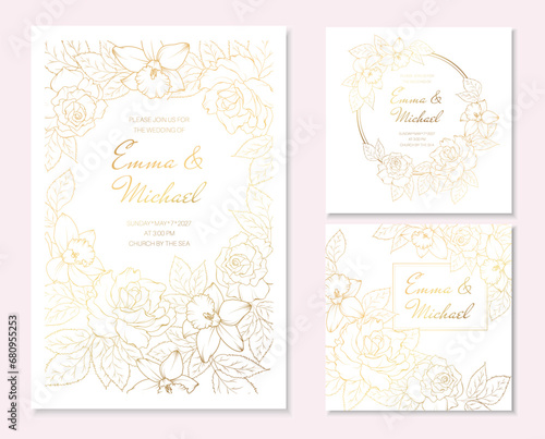 Gold flowers invitatation set. Wedding floral card template set with peony rose and daffodils.