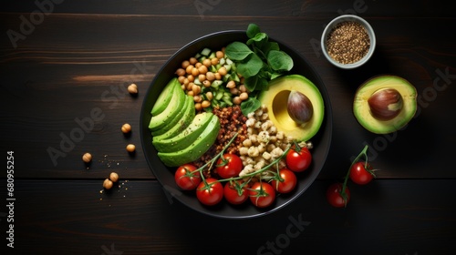 Healthy food, green vegetables and plant protein in bowls on wooden table photo