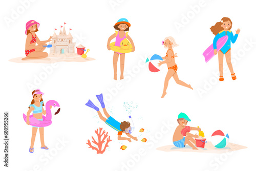 Little girls and boys of preschool and school age on beach: swimming with inflatable ring, surfing, diving, building a sandcastle. Cute nautical vector illustration isolated on white background. Set.
