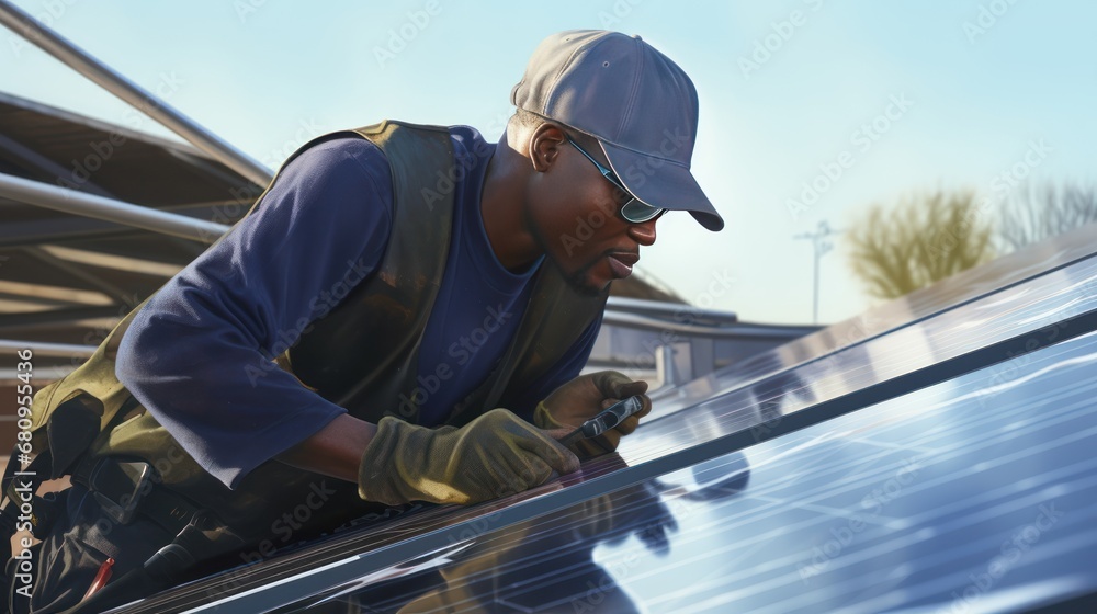 African american technician checking the maintenance of the solar panels.Renewable energy