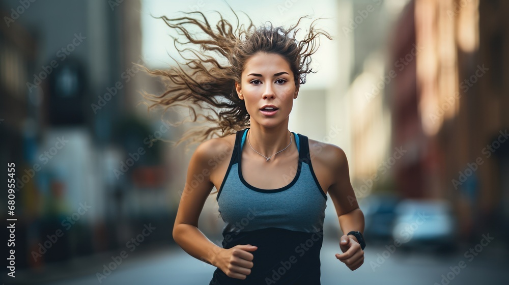 Female runner running down urban street.Athletes and urban communities