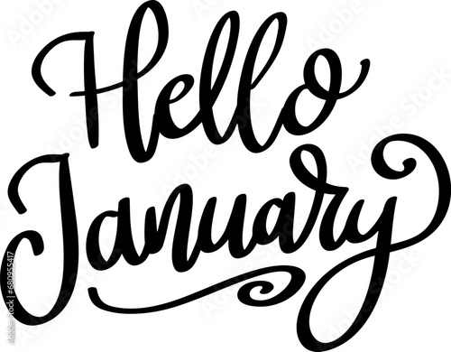 Hello january. Lettering phrase isolated on white background